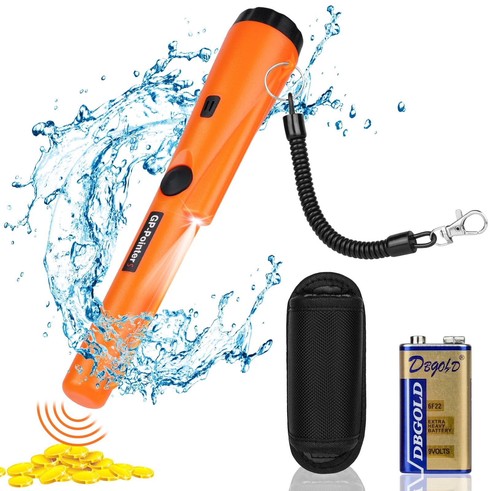 Flintronic Metalldetektor Klein, Tragbar Metallsuchgerät IP66 Wasserdichter, Pinpointer Metalldetektor mit Holster, LED Indicator und 9V Batterie, für Goldsuche, Schmuck, Silber Metalldetektor Klein-mit 9V Batterie（Orange）