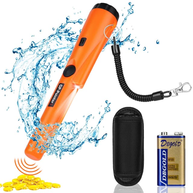 Flintronic Metalldetektor Klein, Tragbar Metallsuchgerät IP66 Wasserdichter, Pinpointer Metalldetektor mit Holster, LED Indicator und 9V Batterie, für Goldsuche, Schmuck, Silber Metalldetektor Klein-mit 9V Batterie（Orange）