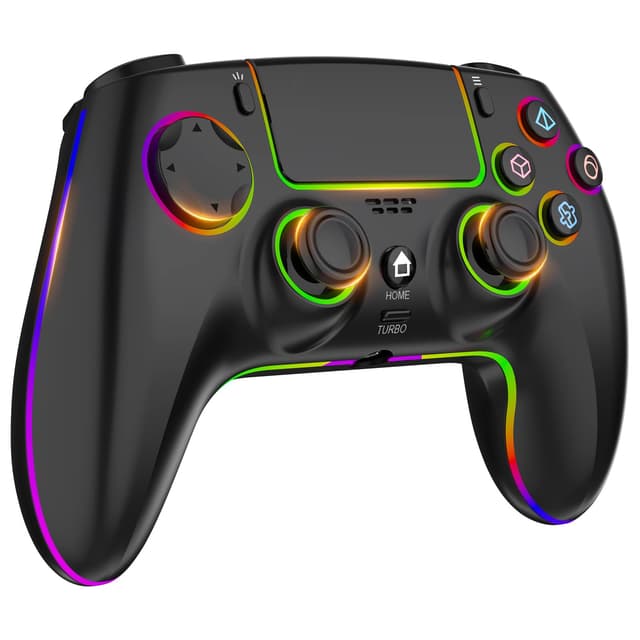 MYSTILUCK Wireless Controller für PS4/PS3/Pro/PC/MAC/iOS/Android10/Steam Deck, Gamepad mit 7 Farben RGB Beleuchtung/Dual Vibration/Turbo/6-Achsen-Gyrosensor/Touchpad/Kopfhörerbuchse/1500 mAh Akku Schwarz