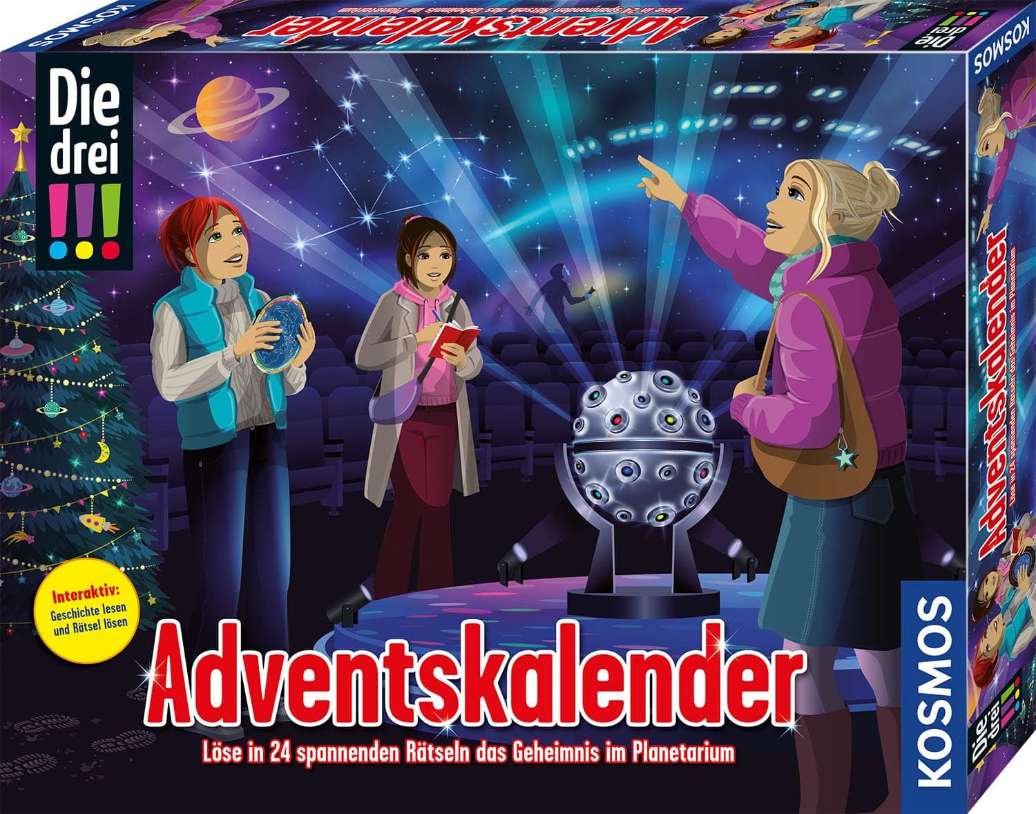 Kosmos 632649 Die DREI !!! Adventskalender 2025, Löse in 24 Rätseln das Geheimnis im Planetarium, mit 24 Detektiv-Gimmicks, Spielzeug-Adventskalender für Kinder ab 8 Jahre, Die DREI Ausrufezeichen