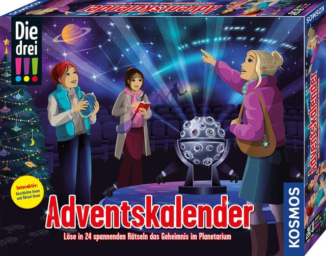 Kosmos 632649 Die DREI !!! Adventskalender 2025, Löse in 24 Rätseln das Geheimnis im Planetarium, mit 24 Detektiv-Gimmicks, Spielzeug-Adventskalender für Kinder ab 8 Jahre, Die DREI Ausrufezeichen