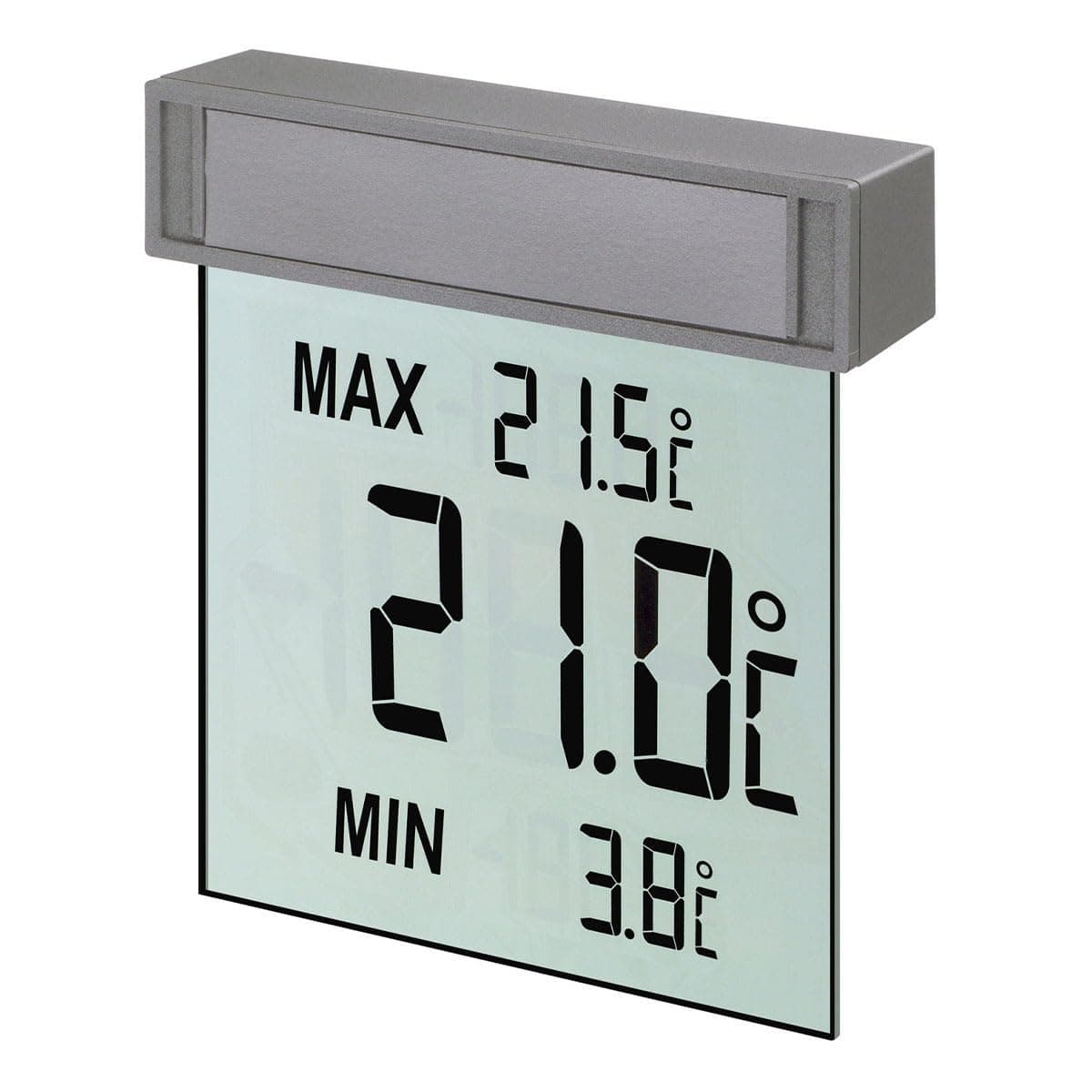 TFA Dostmann Vision digitales Fensterthermometer aussen, 30.1025, selbstklebend, großes Display mit Außentemperatur, Höchst- und Tiefstwerte, 97 x 22 x 105 mm, Silber
