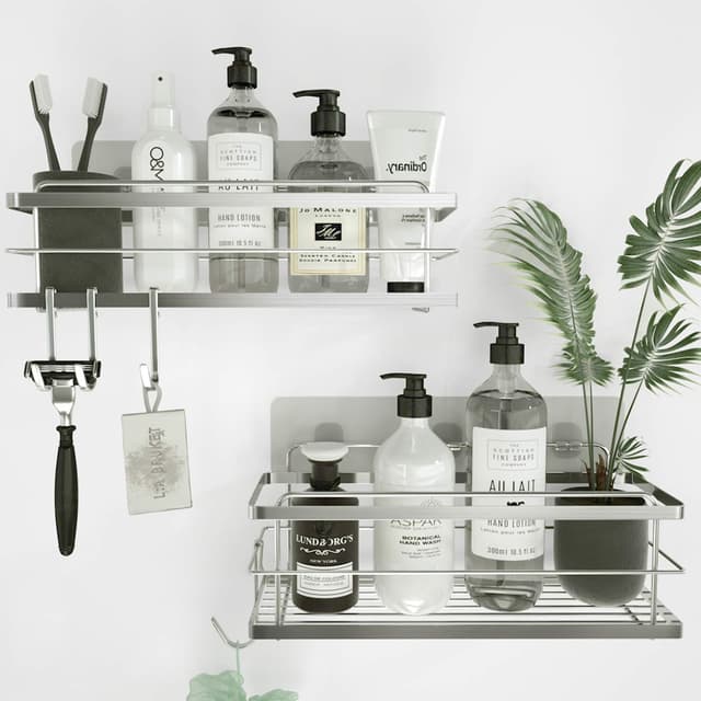 KINCMAX 2X Duschablage ohne Bohren - Edelstahl Badezimmer Organizer - Duschregal ohne Bohren - Badaccessoires - Duschkorb selbstklebend mit Haken - Shower Shelf - Silber Polished Silver Straight