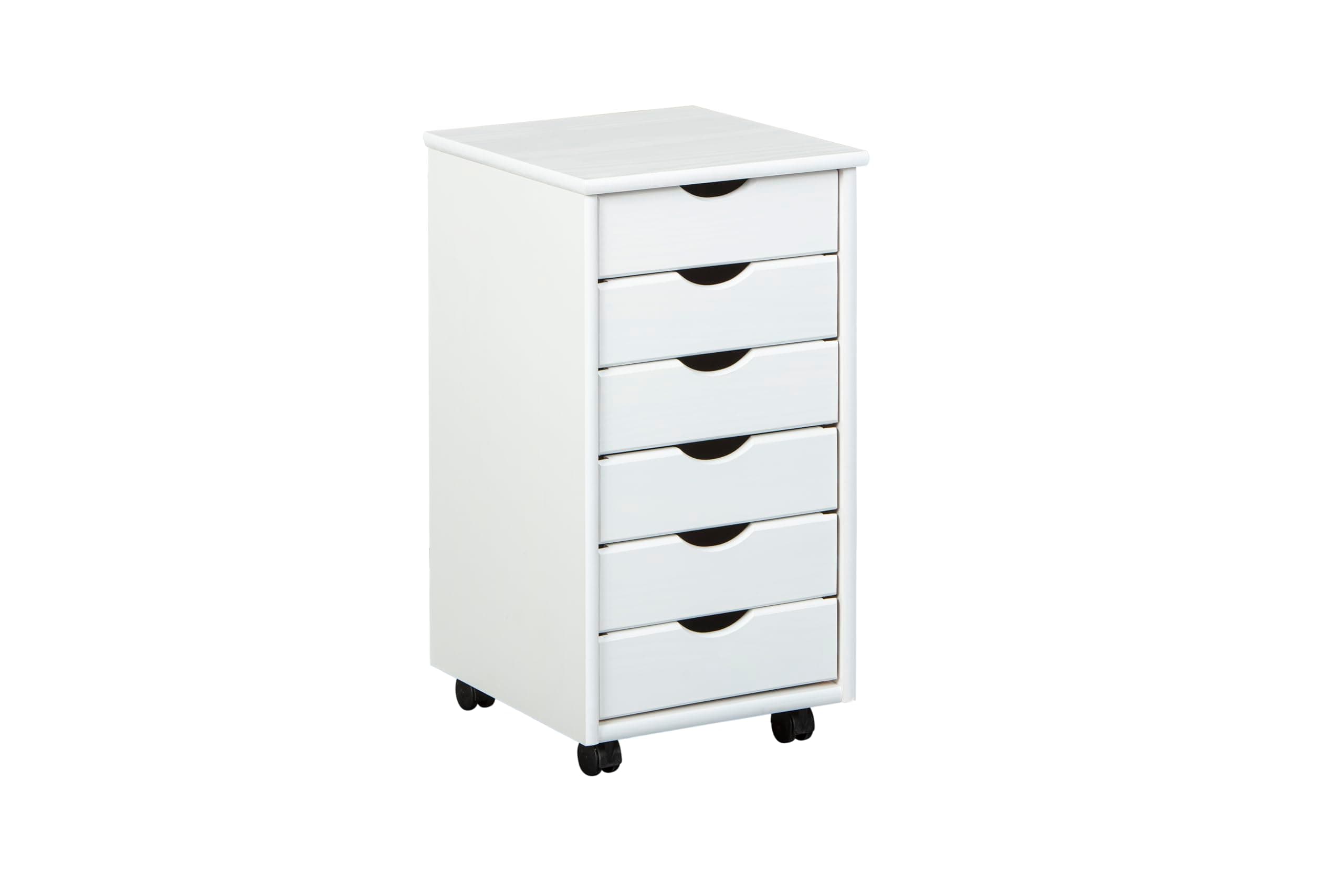 Inter Link – Rollcontainer – Rollcontainer mit 6 Schubladen – Bürocontainer - Rollschrank – Rollwagen – Schubladenkommode - Massiv Kieferholz – Weiß Lackiert - 35 x 40 x 65 cm - Simon Weiss/Opulenter Garten