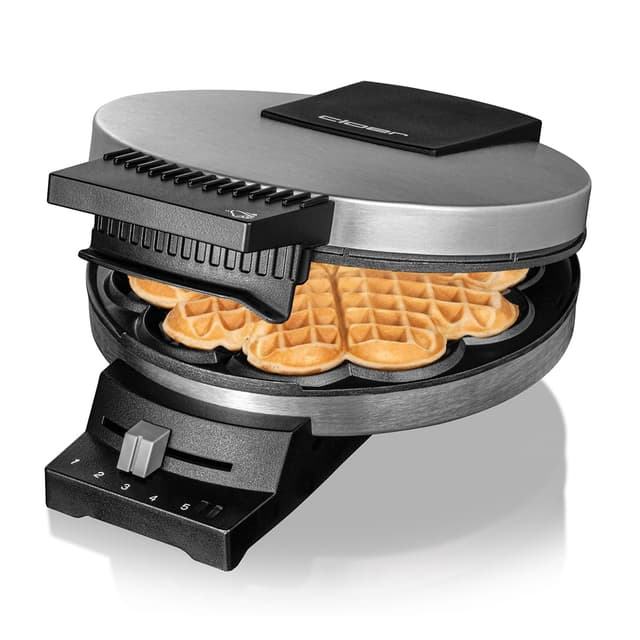 Cloer 189 Waffeleisen für eine Herzwaffel, Doppelbeschichtung, 930 W, Waffelgröße 16 cm, schwere Backplatten, optische und akustische Fertigmeldung, Edelstahl Doppelte Antihaftbeschichtung Edelstahl