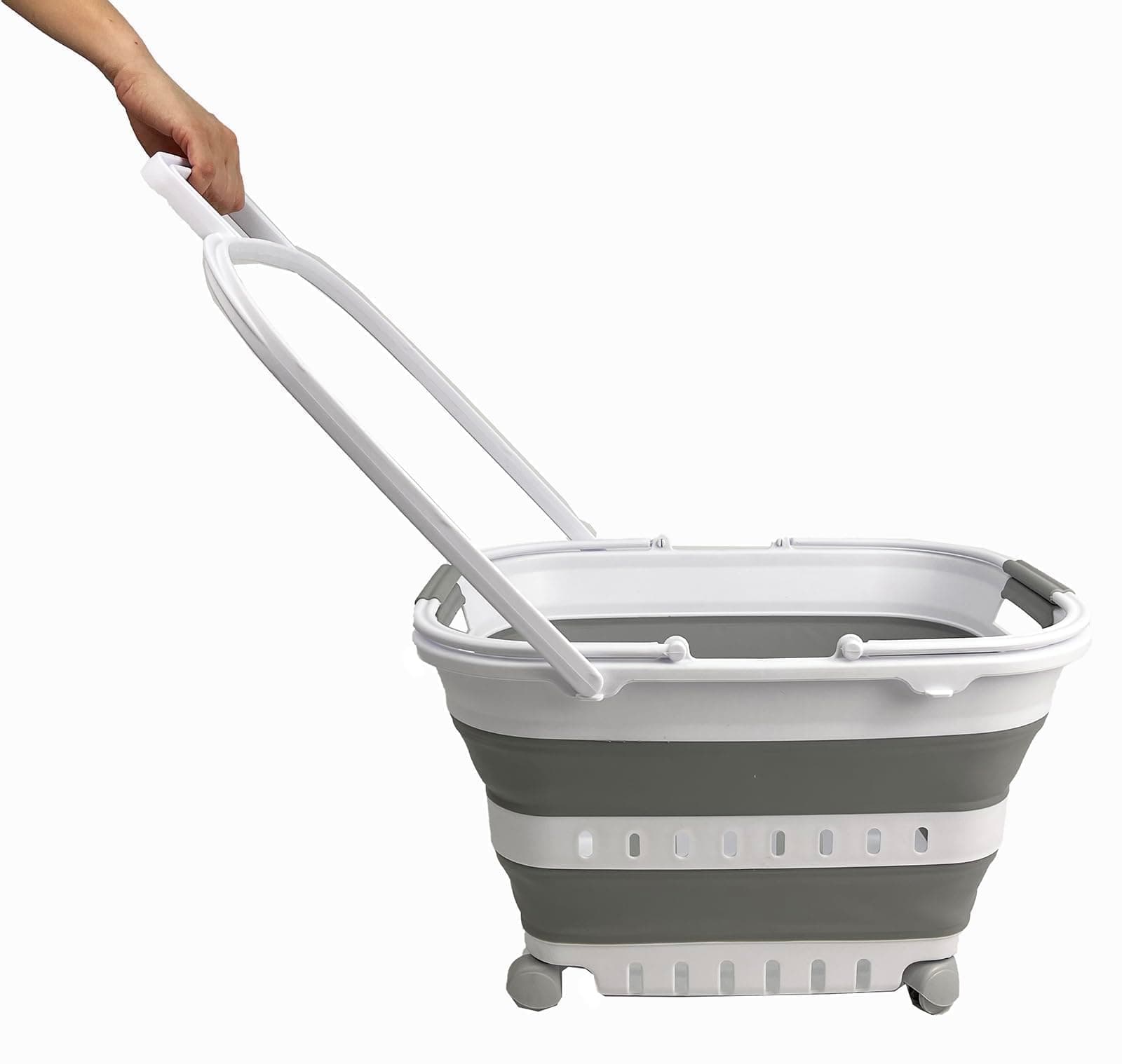 SAMMART 35 l zusammenklappbarer Wäschekorb aus Kunststoff mit Griff und Rollen – faltbarer Pop-Up-Aufbewahrungsbehälter/Organizer mit Griff und Rollen – platzsparend (1, Weiß/Grau) 1 Weiß/Grau