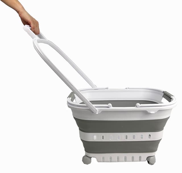 SAMMART 35 l zusammenklappbarer Wäschekorb aus Kunststoff mit Griff und Rollen – faltbarer Pop-Up-Aufbewahrungsbehälter/Organizer mit Griff und Rollen – platzsparend (1, Weiß/Grau) 1 Weiß/Grau
