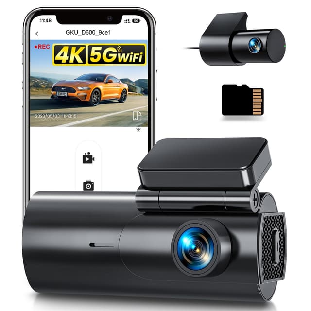 GKU Dashcam Auto Vorne Hinten 4K+1080P, 5GHz WiFi Dash Cam mit 64GB SD Karte, Auto Kamera mit Parküberwachung, Super Nachtsicht, WDR, 170° Weitwinkel, G-Sensor, Loop-Aufnahme, APP Steuerung, Max 256GB schwarz