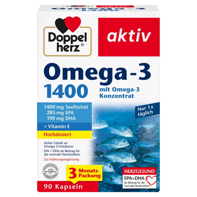 Doppelherz Omega-3 1400 mg - Hochdosiertes Omega-3-Konzentrat plus Vitamin E - Hoher Gehalt an Omega-3-Fettsäuren EPA & DHA - 90 Kapseln 90 Stück (1er Pack)