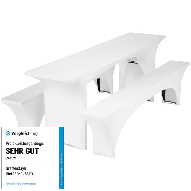 Gräfenstayn® Leopold Stretch - Biertischhussen-Set 3 tlg für Bierzeltgarnitur - 50cm oder 70cm Tischbreite - mit Öko-Tex Siegel Standard 100 : "Geprüftes Vertrauen" 30560 (Weiß, 50x220cm) für Tischmaß 50 x 220 cm Weiß 1
