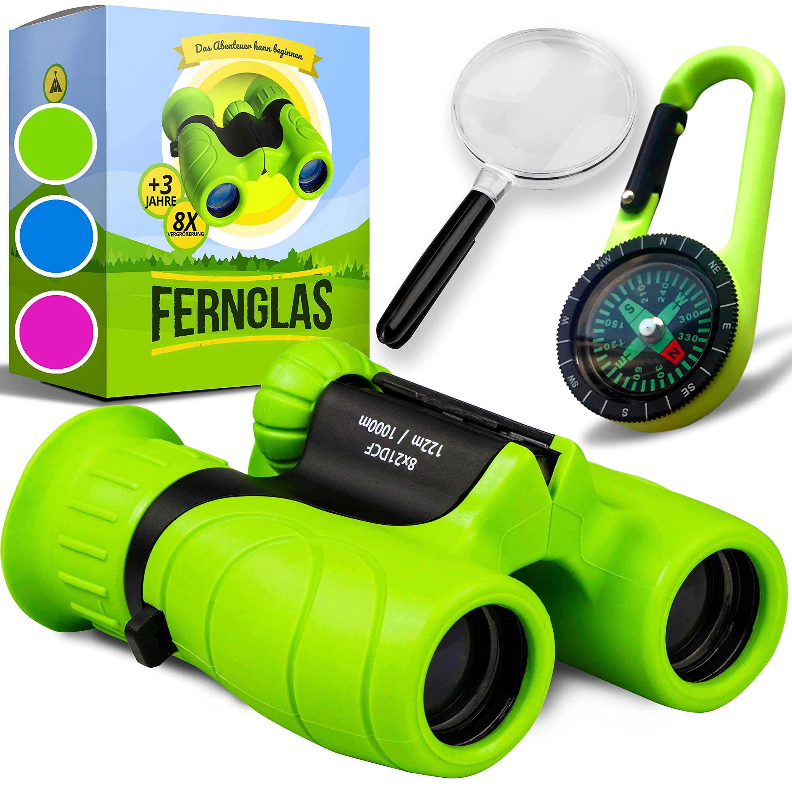 Fernglas für Kinder - Optimales Geschenk für Jungen und Mädchen - Starke Vergrößerung 8X21 – Umfangreiches Set inklusive Lupe & Kompass – Spielzeug für Kinder 3-12 Jahre grün