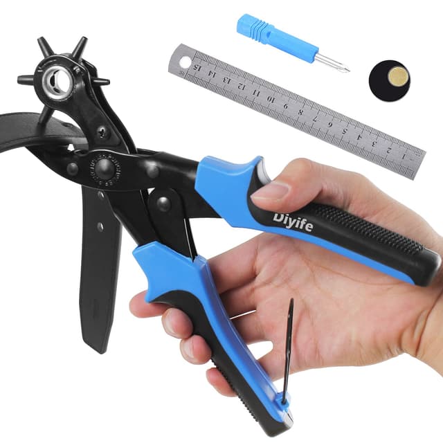[Volles Set] Leder Locher, Diyife® Gürtel Locher, Heavy Duty Revolver Lochzange mit Extra Punch Platten und Lineal, Multi Sized Puncher für Gürtel, Kunsthandwerk, Karte, Gummi, etc. Blau