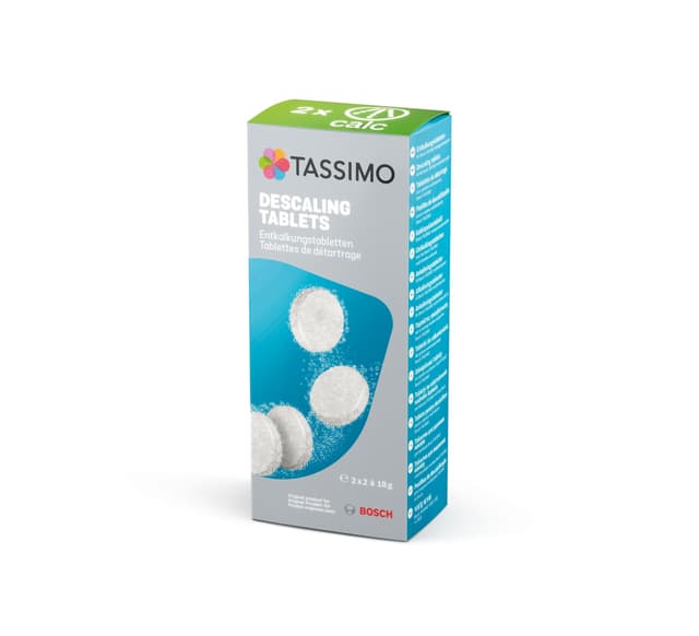 Bosch Entkalkungstabletten TCZ6004, längere Haltbarkeit, entfernt Kalkablagerungen, schützt vor Korrosion, passend für alle Tassimo Kapselmaschinen, 2 (2 x 18 g)