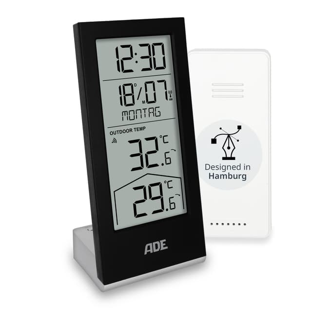 ADE Funkuhr digital mit Temperaturanzeige und Außensensor | Thermometer für Innen- und Außentemperatur | Trendanzeige | Tischuhr mit Datum und Wochentag | inkl. Batterien | schwarz