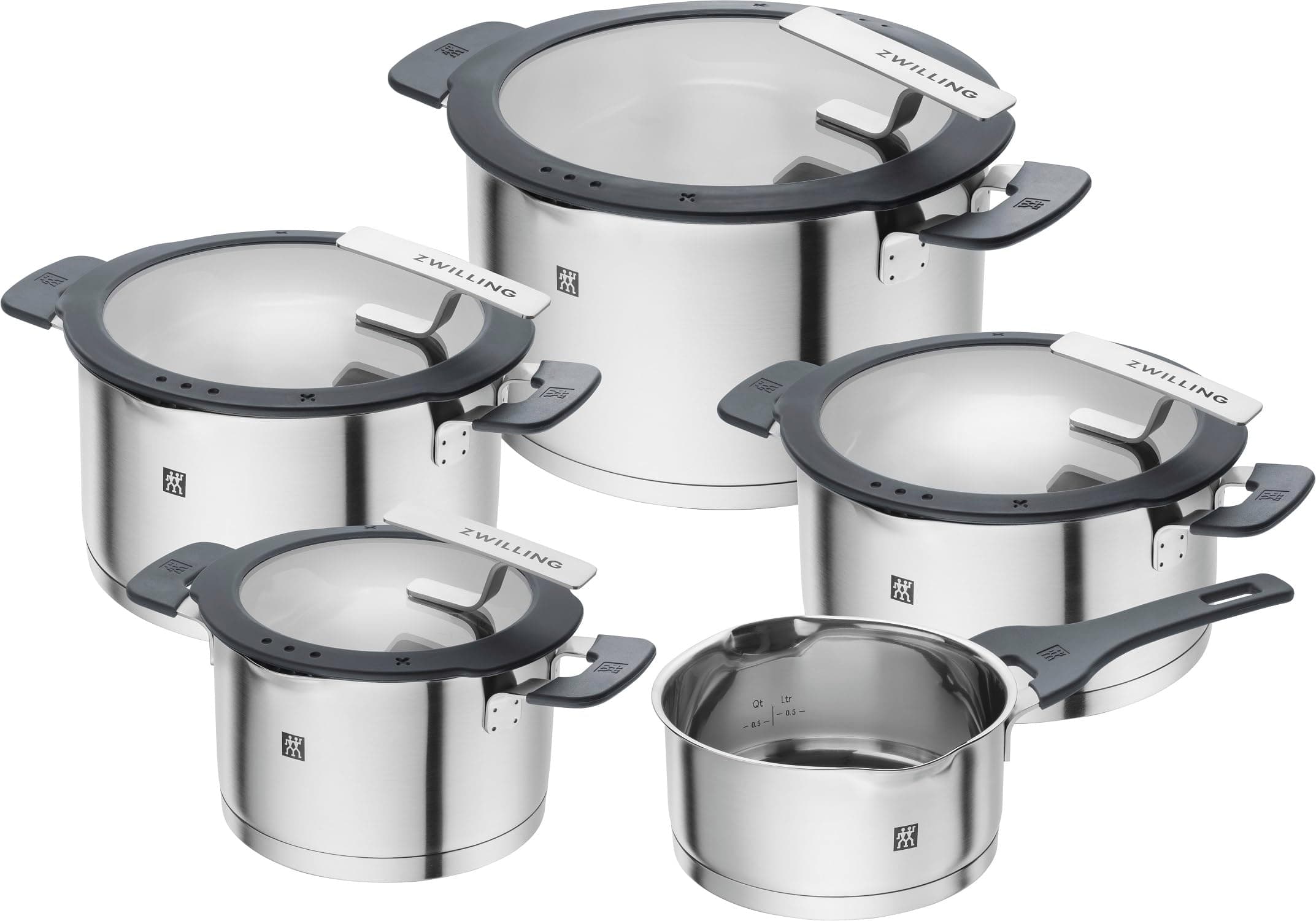 ZWILLING Simplify Kochtopfset, 5-teilig, Mit integriertem Sieb im Deckel, Glasdeckel, Induktionsgeeignet, unbeschichtet, Edelstahl, Silber-Schwarz 5-tlg Set Silber-schwarz
