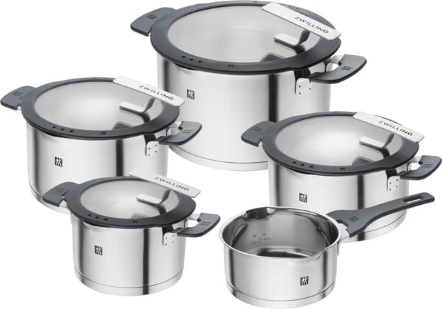 ZWILLING Simplify Kochtopfset, 5-teilig, Mit integriertem Sieb im Deckel, Glasdeckel, Induktionsgeeignet, unbeschichtet, Edelstahl, Silber-Schwarz 5-tlg Set Silber-schwarz