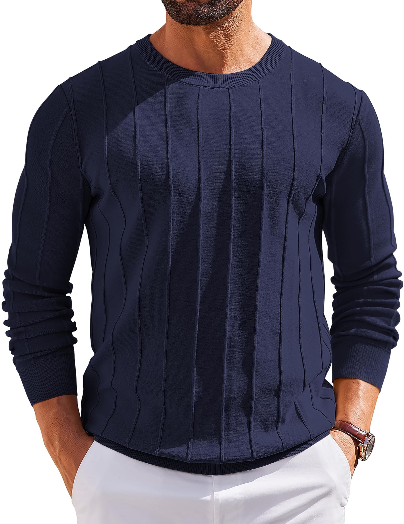COOFANDY Herren Pullover mit Rundhals Strickpullover Herrenpullover Casual Pulli Langarmshirt Sweater Marine Blau XL