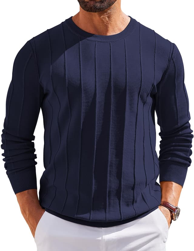 COOFANDY Herren Pullover mit Rundhals Strickpullover Herrenpullover Casual Pulli Langarmshirt Sweater Marine Blau XL