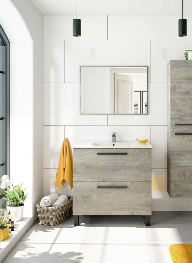 Dmora - Yonkers Waschtischunterschrank, Badezimmerschrank mit 2 Schubladen, Hängeschrank mit Spiegel, Waschbecken nicht im Lieferumfang enthalten, 80x45h80 cm, Eiche Rovere 80x80x45