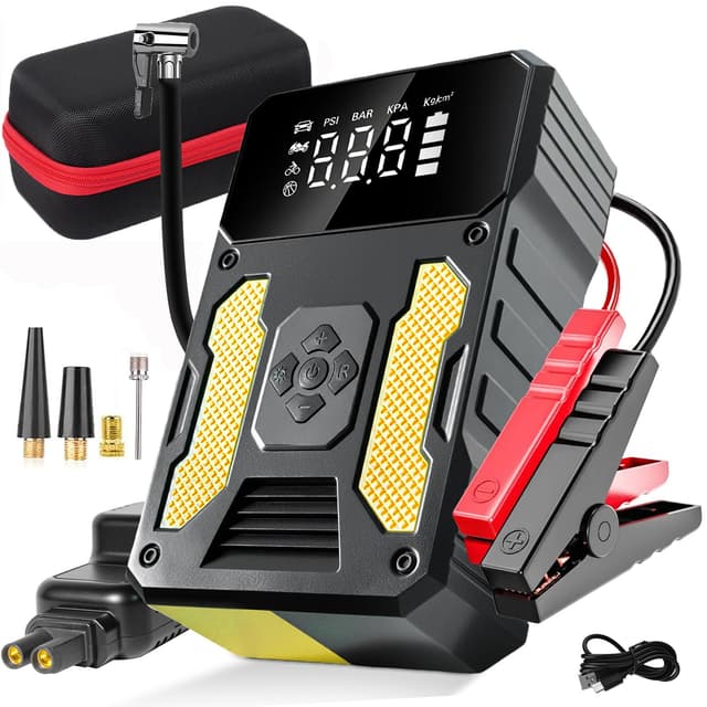 Tragbares Auto-Starthilfegerät mit Luftkompressor 6000A – Batterieladegerät, Powerbank mit LED-Taschenlampe & LED-Display (Gelb) Portable Gelb