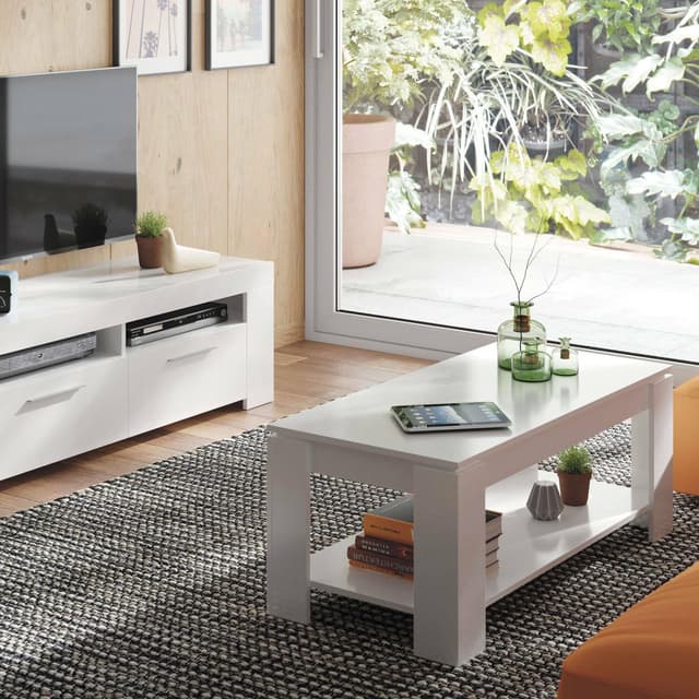 Dmora - Chicago Couchtisch, Couchtisch mit hochklappbarem Regal, Niedriger Wohnzimmertisch, 102x50h43/54 cm, Mattweiß