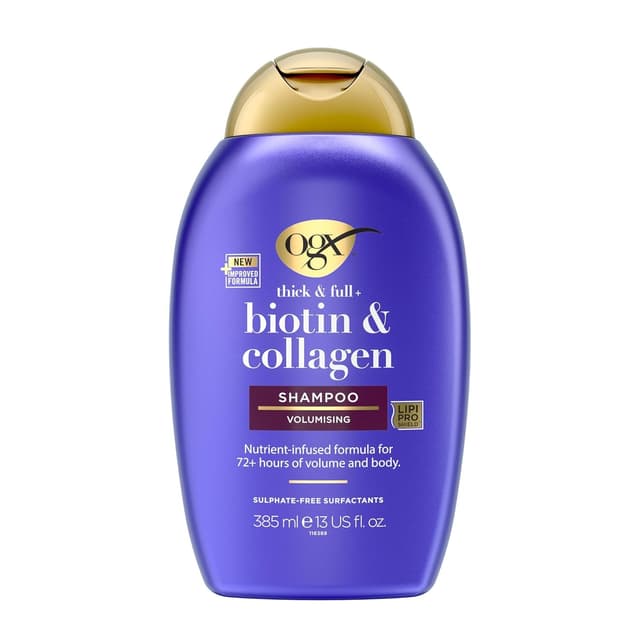OGX Biotin und Collagen Shampoo 385 ml,reichhaltiges Haarshampoo für 72h+ Volumen und Fülle mit Biotin und Kollagen,Haarpflege Volumen Shampoo für feines und dünnes Haar mit LipiPro Shield Technologie 385 ml (1er Pack) Biotin & Collagen Shampoo