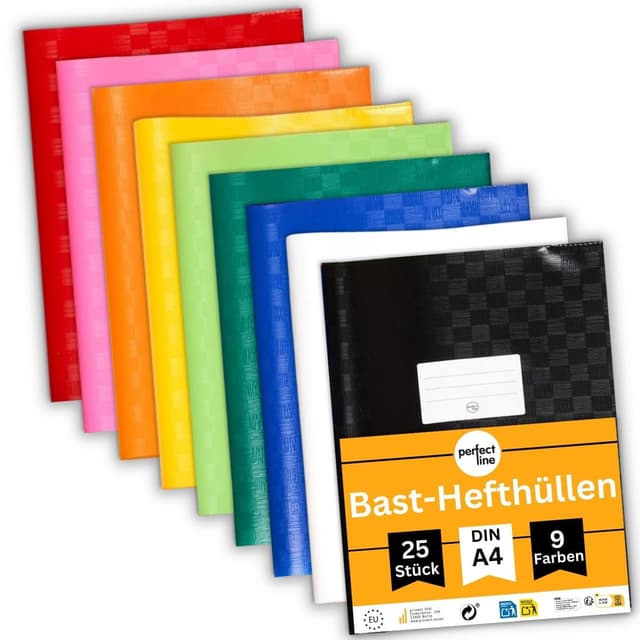 perfect line 25 Bast-Hefthüllen DIN-A4, 9 Farben, Heftumschlag mit Beschriftungsetikett, Heftschoner aus recycelbarem PP, dokumentenecht (1 x 25 Stk.)