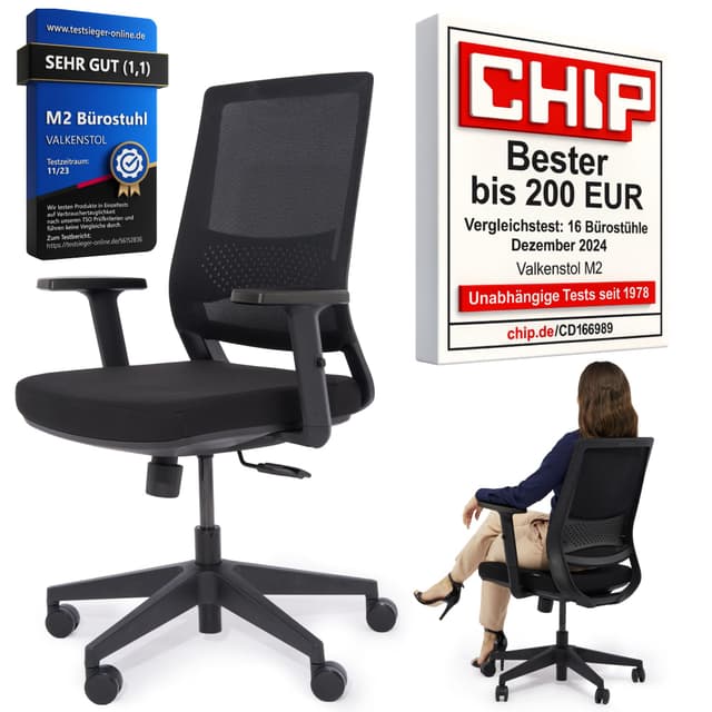 VALKENSTOL M2 Bürostuhl Ergonomisch Testsieger mit Einstellbarer Armlehne ohne Kopfstütze für maximale Bewegungsfreiheit - Rückenfreundlich - bequemer Schreibtischstuhl für Büro and Home Office Chair M2 Armstütze (Schwarz)