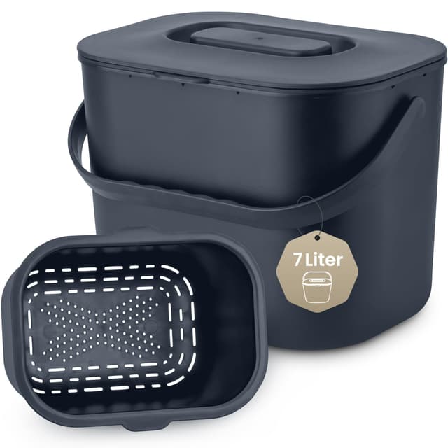 Black Sweden Home Biomülleimer Küche - 7L - Design Komposteimer mit Sieb - Bio-Mülleimer Geruchsdicht - Bio Abfalleimer- Komposter Küche Eimer mit Deckel - Bioabfallbehälter für Küche - Anthrazit Grau
