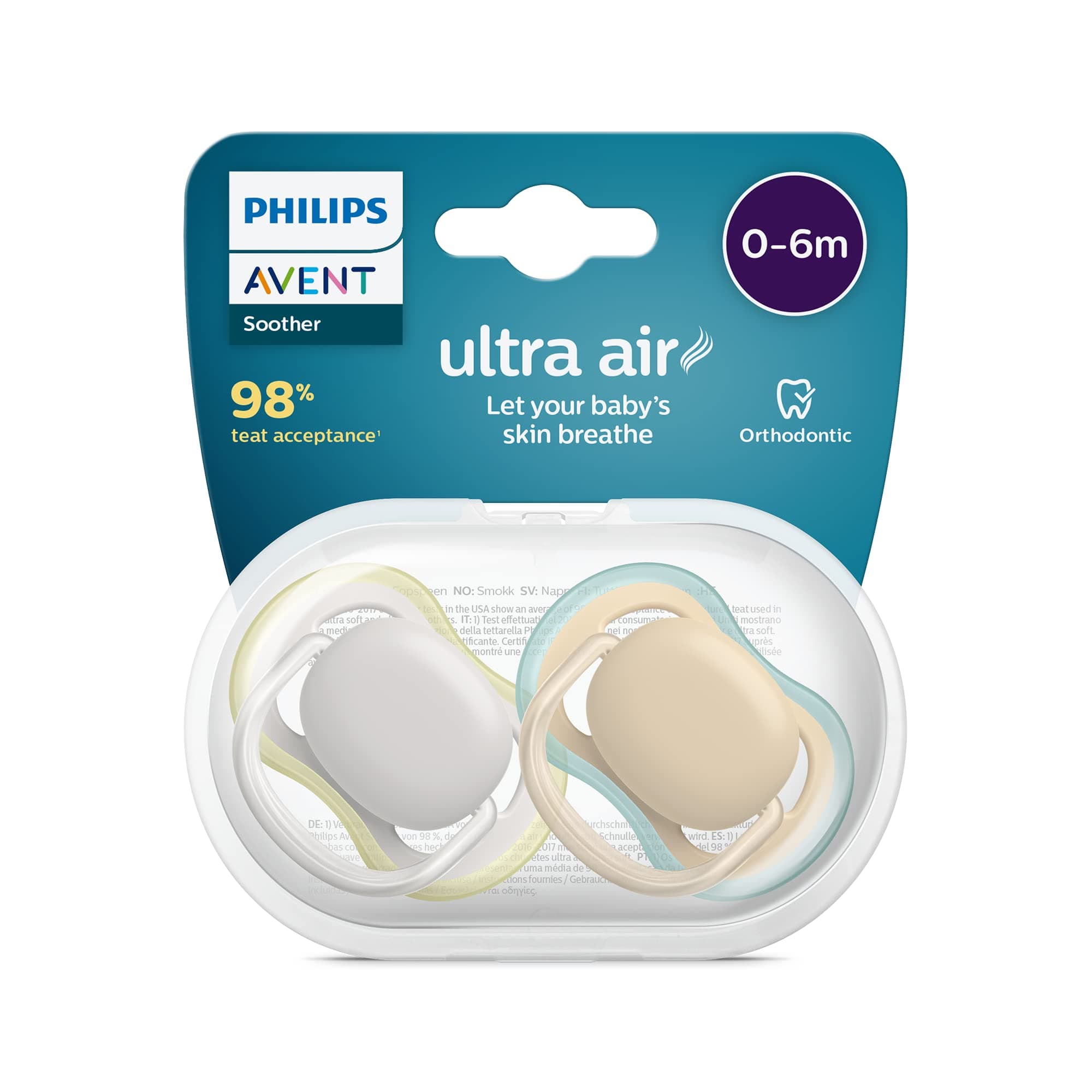 Philips AVENT ultra air Schnuller - 2er Pack, BPA-freier, atmungsaktiver Schnuller für Babys von 0-6 Monaten, inklusive Transport- und Sterilisationsbox, grün/braun (Modell SCF085/15) 2er-Pack grün/braun
