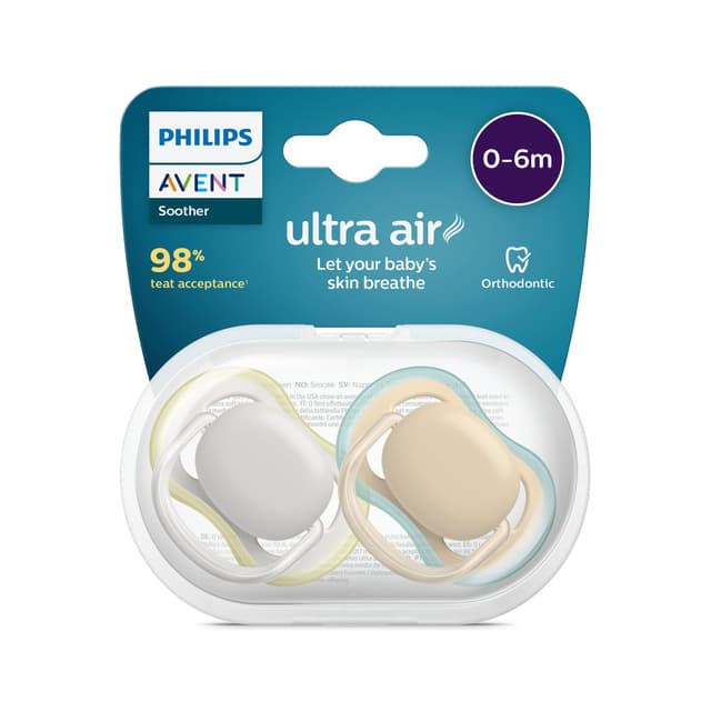 Philips AVENT ultra air Schnuller - 2er Pack, BPA-freier, atmungsaktiver Schnuller für Babys von 0-6 Monaten, inklusive Transport- und Sterilisationsbox, grün/braun (Modell SCF085/15) 2er-Pack grün/braun