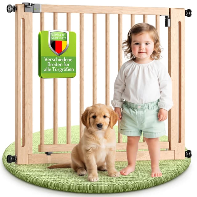 BOMI Baby Schutzgitter Treppe Miko PEFC geprüftes Buchenholz | Ohne Bohren | Gittertür aus Holz schwarz | Stabile Baby Schutzgitter Tür für Kindersicherheit | Treppen Türgitter | Breite: 87-95 cm Buche 87-95 cm