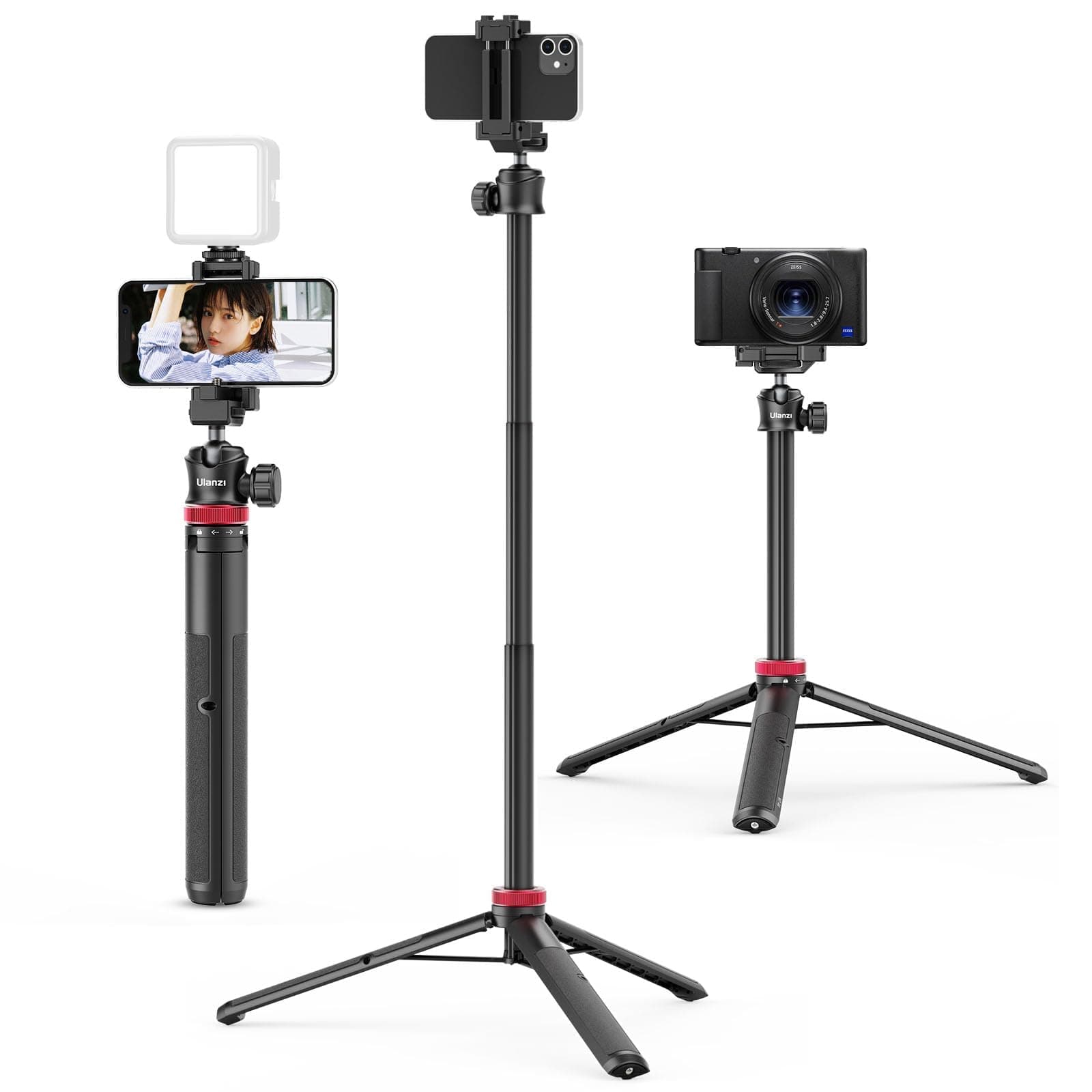 ULANZI MT-44 Handy Kamera Stativ 147cm 2in1 Selfie Stick Fernbedienung, 360° Kugelkopf, Cold Shoe Handyhalterung, 1/4" Gewinde Kompakt Reisestativ Dreibein Tripod für DSLR-Kameras Canon Samsung iPhone Schwarz