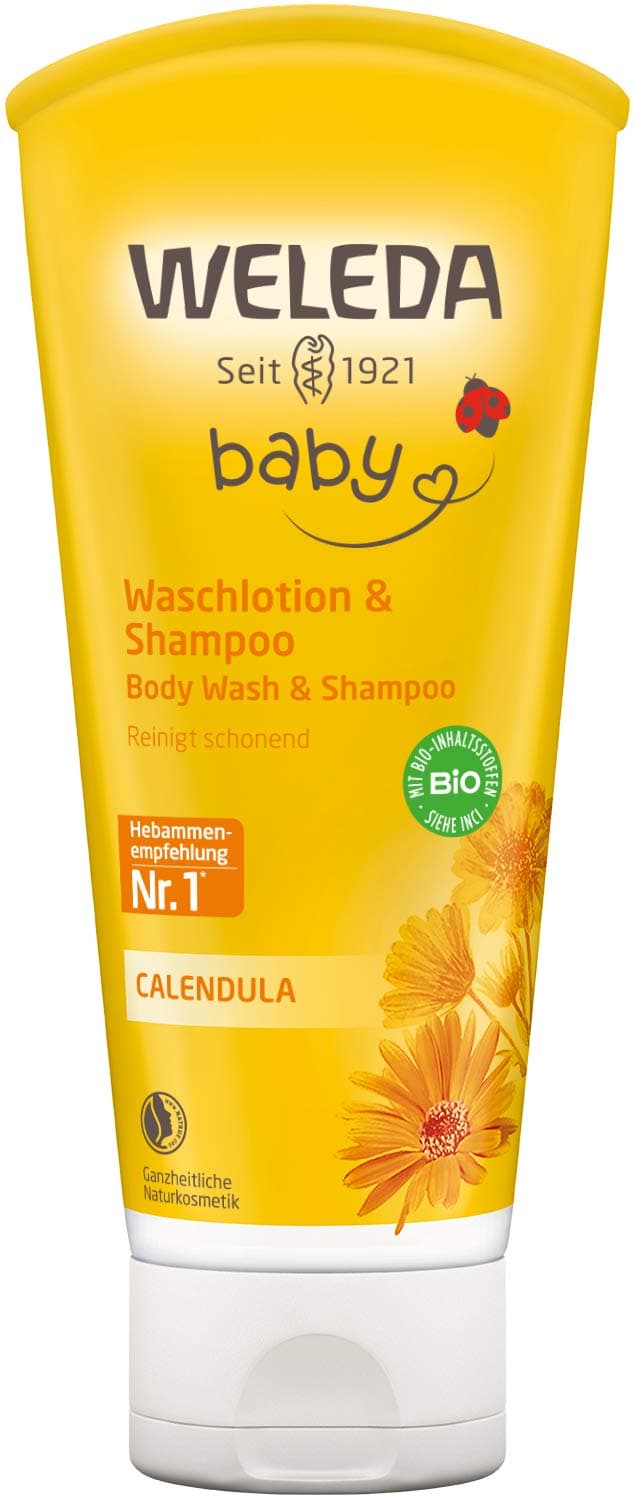 WELEDA Bio Calendula Baby Waschlotion & Shampoo - veganes Naturkosmetik Duschgel zur Hautpflege / Haarpflege bei Neugeborenen. Babypflege Dusche für empfindliche Haut, mild zu den Augen (1x 200ml) Baby Waschlotio & Shampoo 200ml