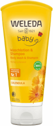 WELEDA Bio Calendula Baby Waschlotion & Shampoo - veganes Naturkosmetik Duschgel zur Hautpflege / Haarpflege bei Neugeborenen. Babypflege Dusche für empfindliche Haut, mild zu den Augen (1x 200ml) Baby Waschlotio & Shampoo 200ml Angebot bei HelloDeals