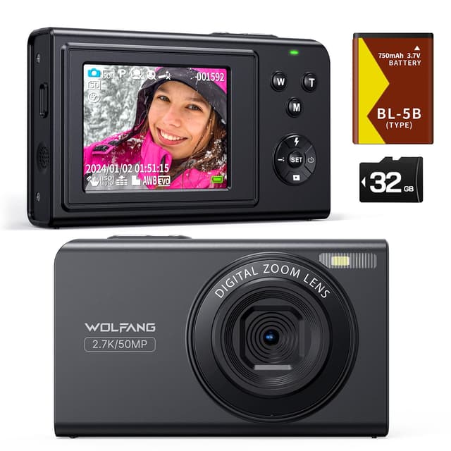 WOLFANG Digitalkamera, 2.7K Kinderkamera für Fotografie, 50MP Kompaktkamera für Vlogging, 16X Digitalzoom Fotoapparat Klein Einfache Bedienung, Autofokus, Geschenk für Kinder, Kids, Anfänger