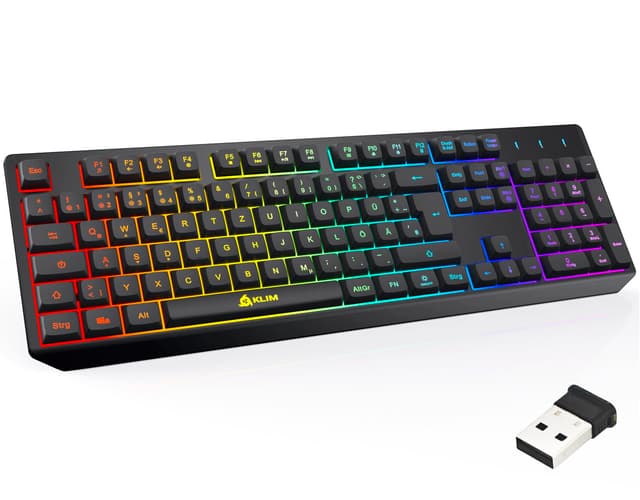 KLIM Chroma Wireless Gaming Tastatur Kabellos QWERTZ DE – RGB Beleuchtet, Leise & Ergonomisch, Langlebig & Wasserdicht – Für PC, Mac, PS4, PS5 – Schwarz