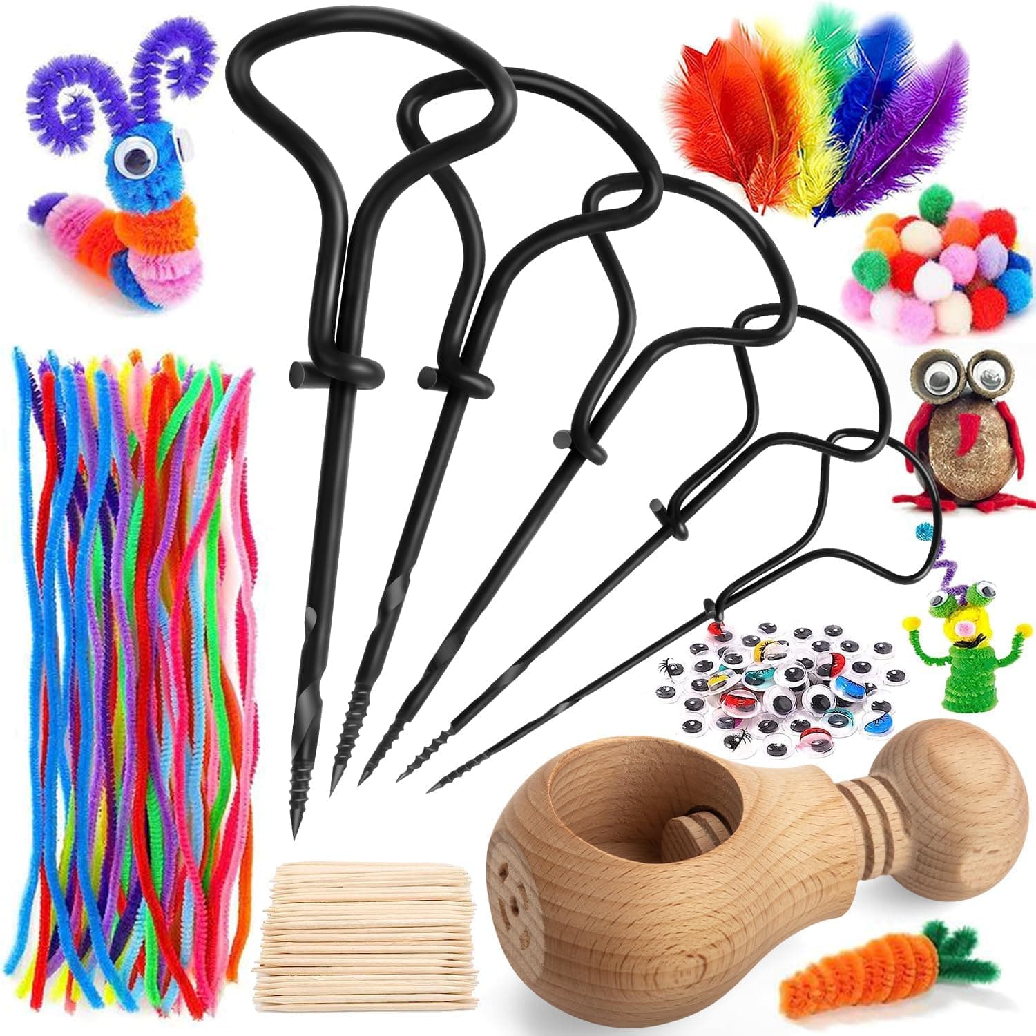 ECtury 1.5-5 mm Kastanienbohrer Kinder, Handbohrer mit Kastanienhalter, 258 tlg Kastanien Bastelset Kinder, Bastelset mit Zahnstocher, basteln herbst Federn, Wackelaugen, Pompons, Pfeifenreiniger
