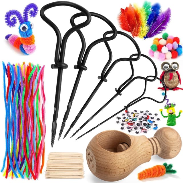 ECtury 1.5-5 mm Kastanienbohrer Kinder, Handbohrer mit Kastanienhalter, 258 tlg Kastanien Bastelset Kinder, Bastelset mit Zahnstocher, basteln herbst Federn, Wackelaugen, Pompons, Pfeifenreiniger