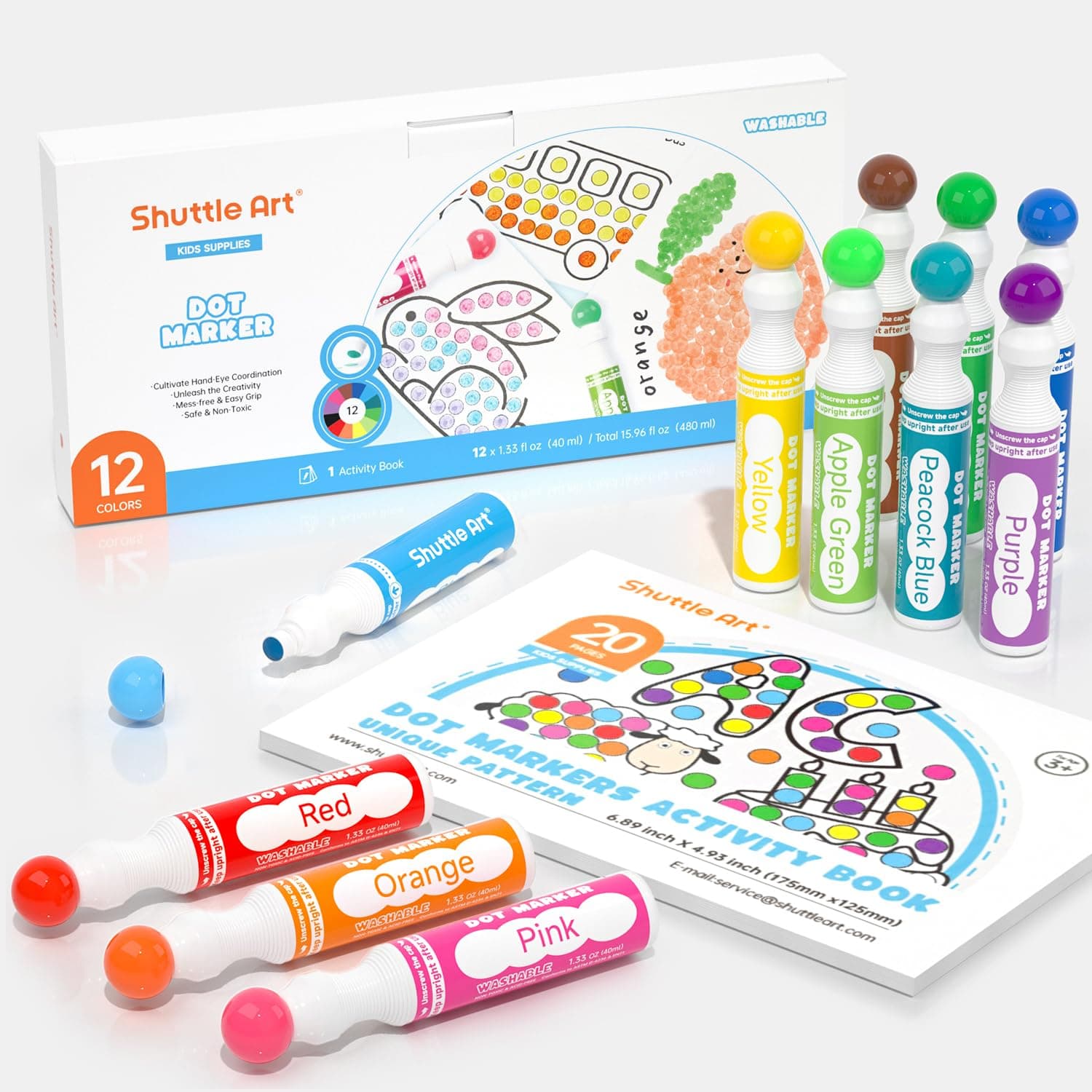 Dot Markers, Shuttle Art Waschbare Punktmarker, 12 farbige Bingomarker (Bingo Dabbers), mit 30 einzigartigen Mustern von Dot Book für Kinder-Kunstaktivitäten, Ungiftige Tinte auf Wasserbasis