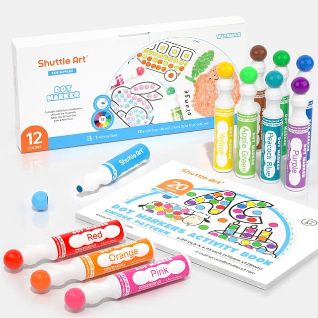 Dot Markers, Shuttle Art Waschbare Punktmarker, 12 farbige Bingomarker (Bingo Dabbers), mit 30 einzigartigen Mustern von Dot Book für Kinder-Kunstaktivitäten, Ungiftige Tinte auf Wasserbasis