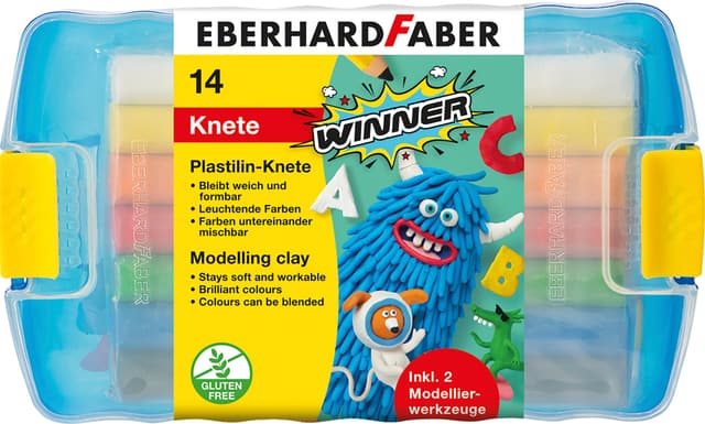 EBERHARD FABER 572010 - Plastilin Knete Winner, 14er Kunststoffbox mit 7 leuchtenden Farben und 2 Modellierwerkzeugen