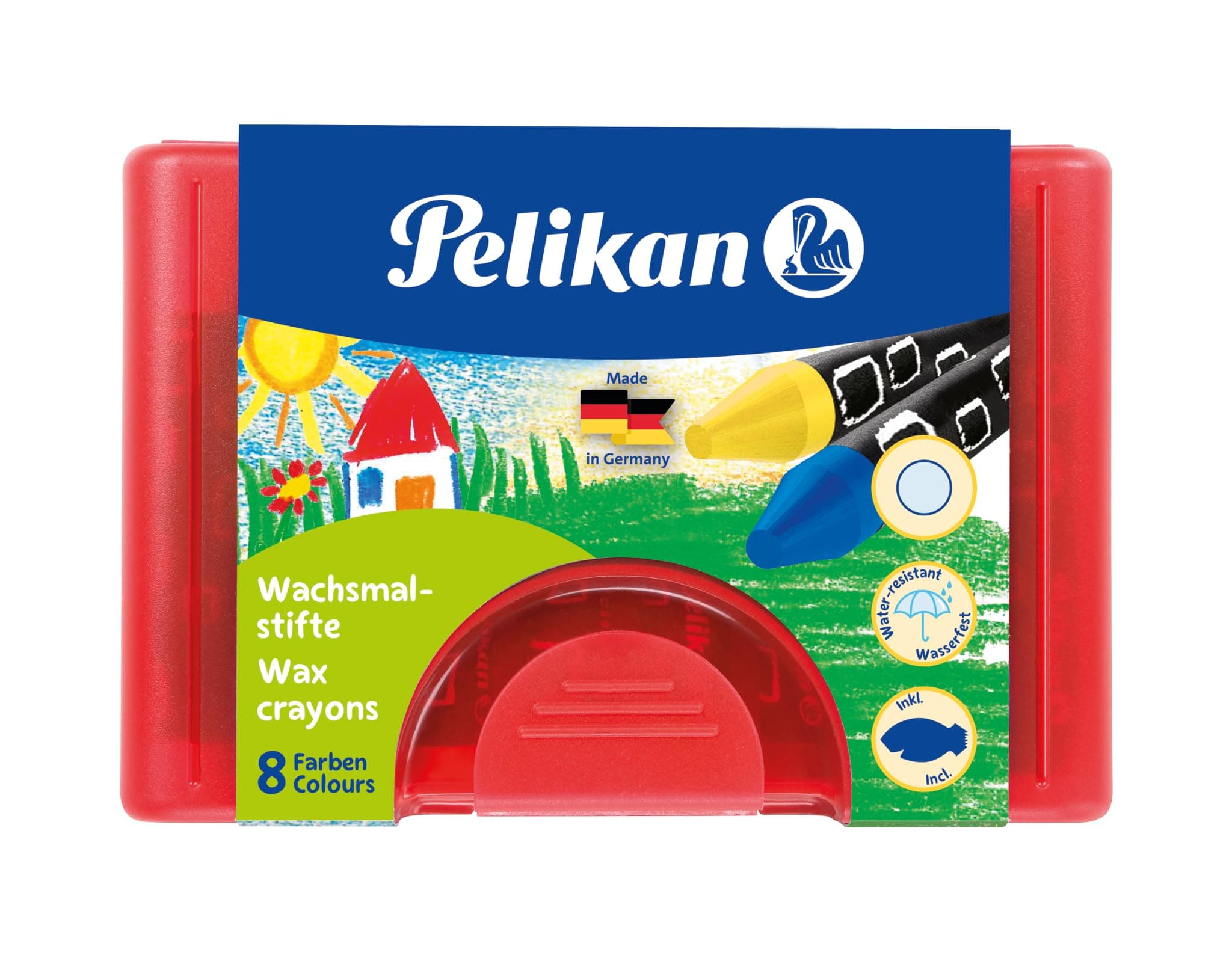 Pelikan Wachsmalstifte, rund, wasserfest, 8 Stück in Box plus Schaber, mit natürlichem Bienenwachs