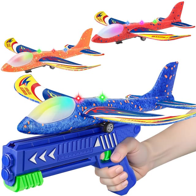 Winstico Geschenk Spielzeug Flugzeug für 5 Jahre Kinder: Styroporflieger mit Katapultpistole – Outdoor Kinderspielzeug – Wurfgleiter für Jungen Mädchen ab 3 4 5 6 7 8