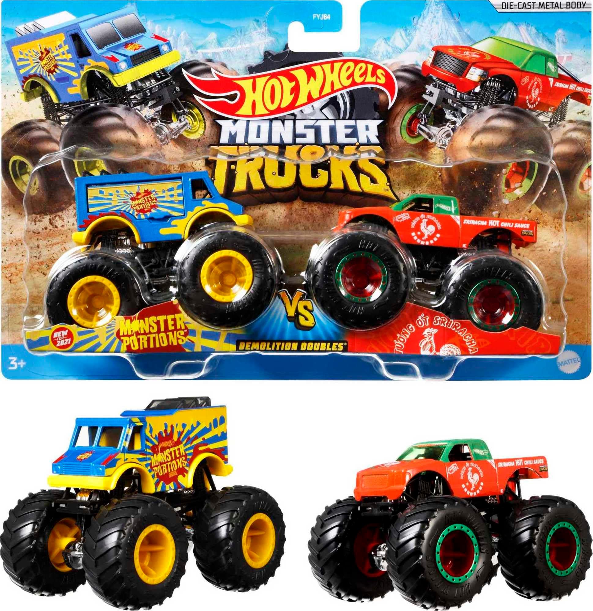 Hot Wheels Monster Trucks Demolition Doubles , 2er-Pack mit verschiedenen Modellen, ink. detaillierte Statistiken zur Stärke, riesige Räder und abgefahrene Details, Design kann variieren, FYJ64