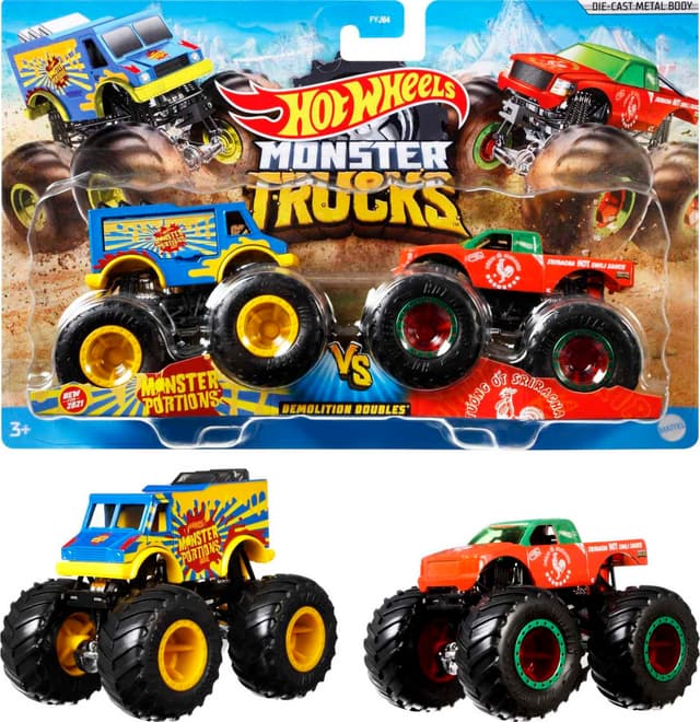 Hot Wheels Monster Trucks Demolition Doubles , 2er-Pack mit verschiedenen Modellen, ink. detaillierte Statistiken zur Stärke, riesige Räder und abgefahrene Details, Design kann variieren, FYJ64
