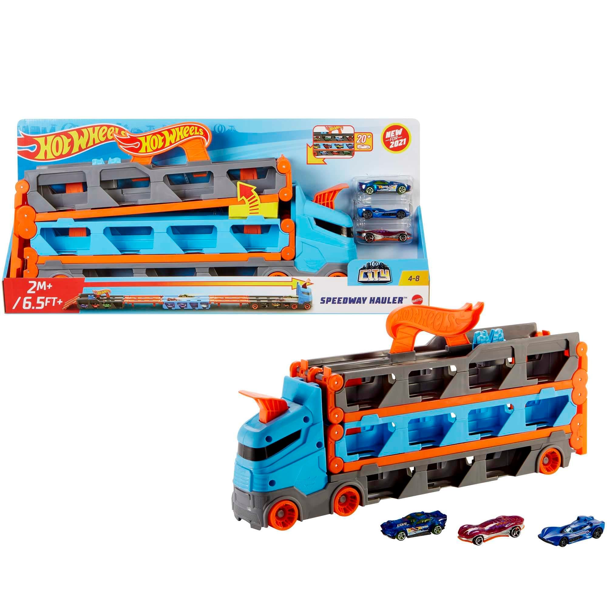 Hot Wheels - 2:1 Autorennbahn zu Transporter, inkl. 3 Spielzeugautos, mit Doppelstarter, Auslösefunktion und Weiche, Platz für 20 Autos, Spielzeug ab 4 Jahre, HGH33 Hw Speedway Hauler