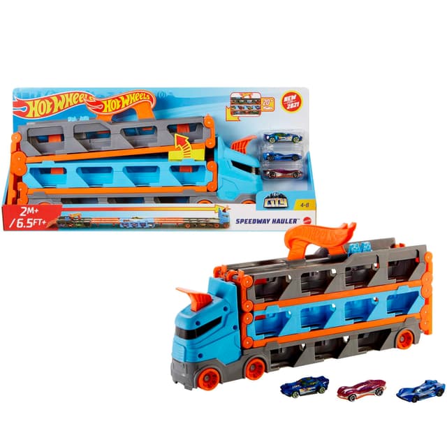 Hot Wheels - 2:1 Autorennbahn zu Transporter, inkl. 3 Spielzeugautos, mit Doppelstarter, Auslösefunktion und Weiche, Platz für 20 Autos, Spielzeug ab 4 Jahre, HGH33 Hw Speedway Hauler
