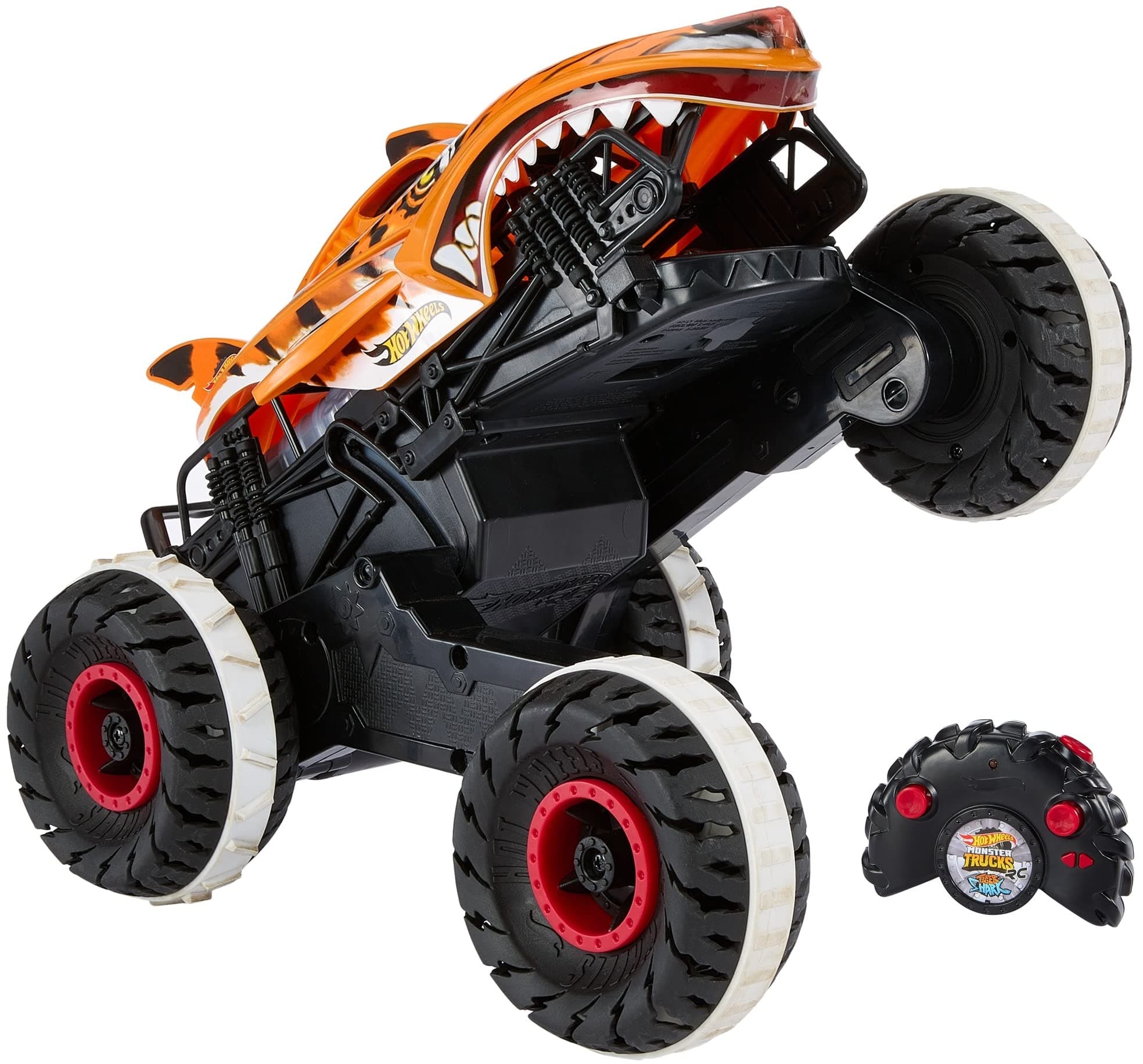 Hot Wheels Monster Trucks Ferngesteuertes Auto Tiger Shark, mit 'Terrain Stomp' Technologie für tierähnliche Bewegungen, Wheelie Modus für Drehen auf 2 Rädern, Spielzeug ab 4 Jahre, HGV87 Unstoppable Tiger Shark