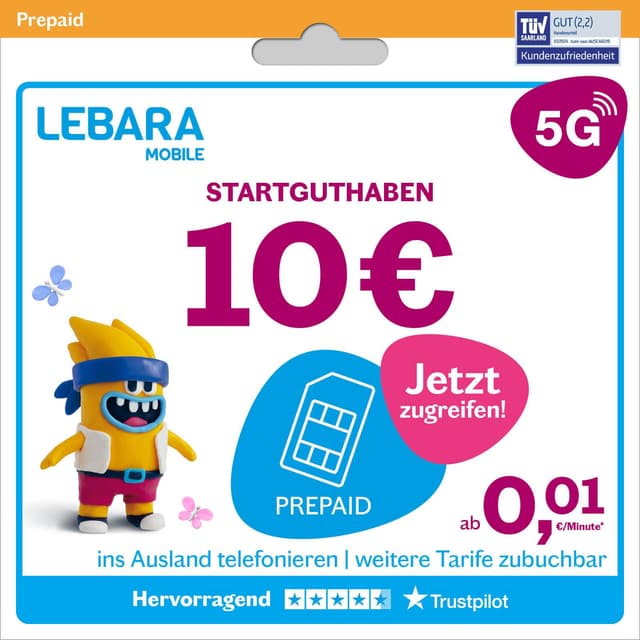 Lebara Prepaid SIM-Karte mit 10€ Startguthaben ohne Vertrag | ab 1 Cent pro Min. ins Ausland telefonieren | Jetzt mit 5G surfen